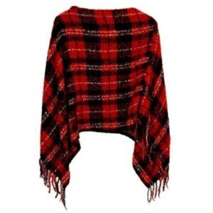Black & Red Plaid Fringed Poncho One Size Fits Small Medium
